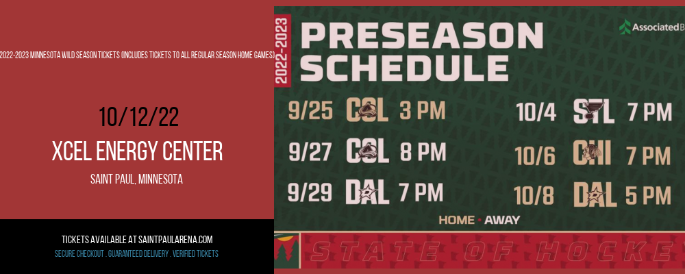 2022-2023 Minnesota Wild Season Tickets (Includes Tickets To All Regular Season Home Games) at Xcel Energy Center tickets 2022-2023 Minnesota Wild Season Tickets (Includes Tickets To All Regular Season Home Games) at Xcel Energy Center
